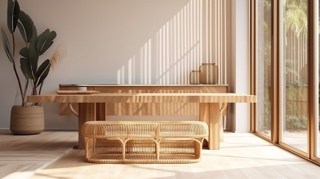 Leere Holztischtheke in einem modernen, luxuriösen braunen Café im tropischen Design, Couchtisch, Rattanstuhl im Sonnenlicht vom Glasfenster zum Außengarten an beiger Wand. Innenhintergrund 3D