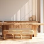 Leere Holztischtheke in einem modernen, luxuriösen braunen Café im tropischen Design, Couchtisch, Rattanstuhl im Sonnenlicht vom Glasfenster zum Außengarten an beiger Wand. Innenhintergrund 3D