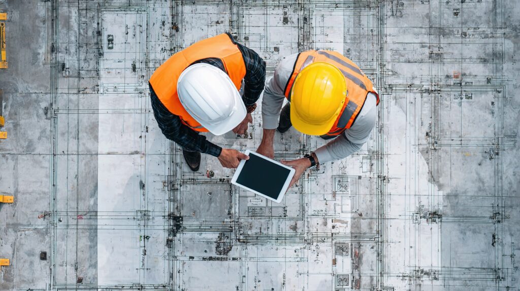 Zwei Bauleiter prüfen Bauplan mit Tablet | Baustellen Absperrung